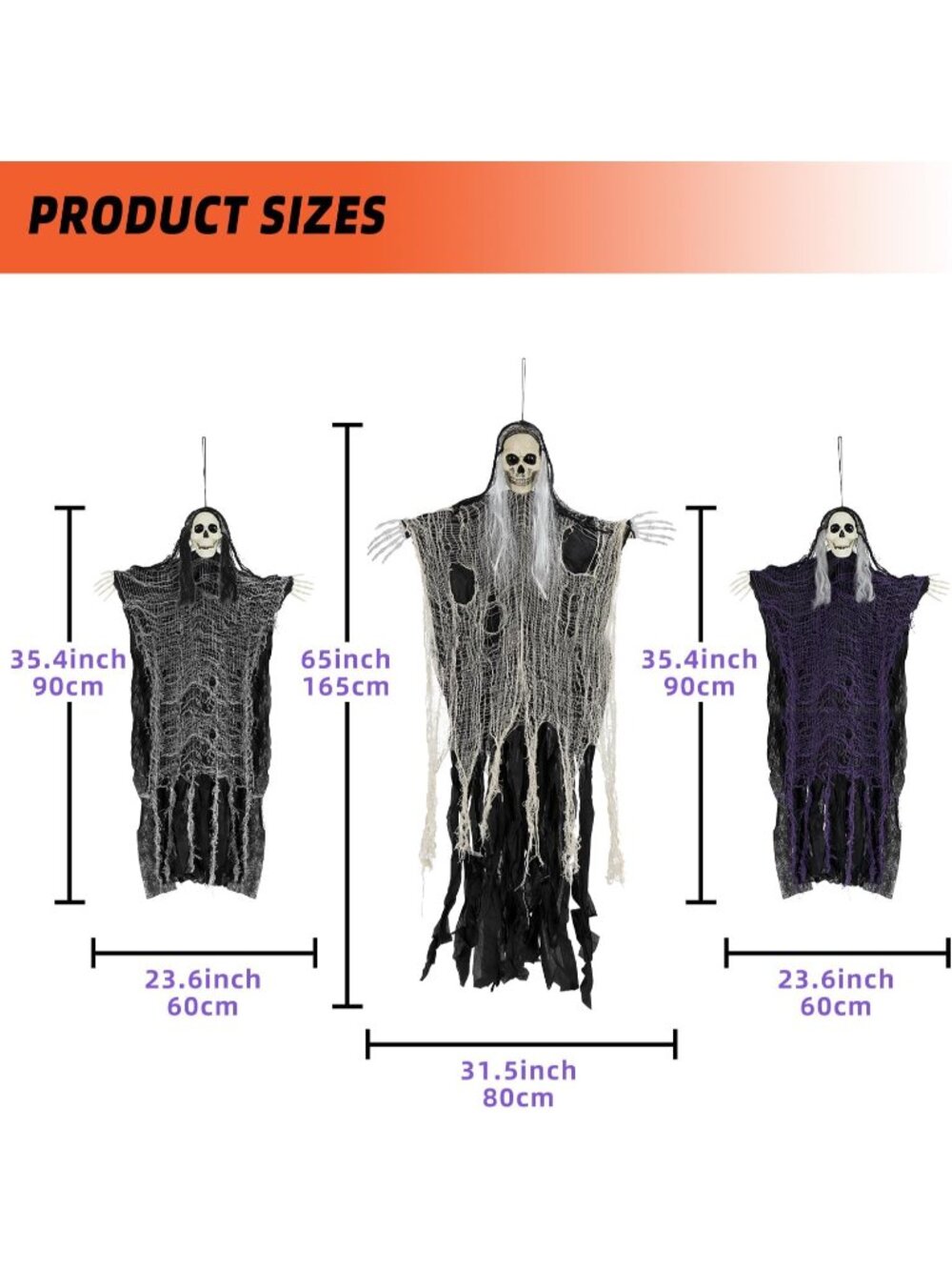 Set of 3 Halloween Scary Hanging Ghosts Grim Reaper Skeleton Haunted House Decor - Picture 2 of 7